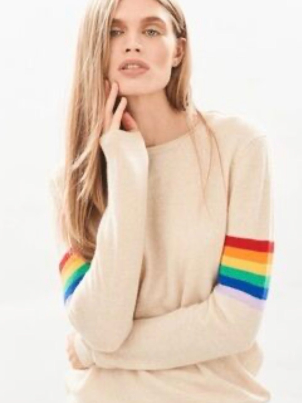 Women's Cream Crewneck Sweater with Rainbow Sleeve Stripes